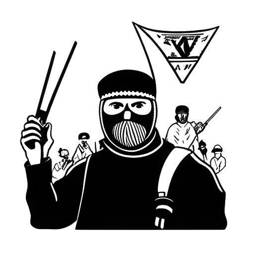 Line art drawing of a man, representing Raj Patel, holding a sign with a Zapatista symbol amidst a grassroots movement on a white background.