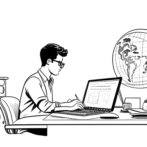 Line art drawing of a young man, representing Raj Patel, working at desks with logos of World Bank, WTO, and UN in the background on a white background.