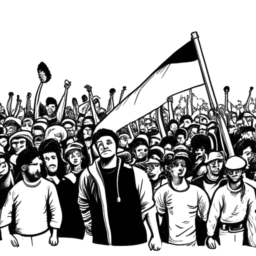 Desenho em arte linear de um homem, representando Raj Patel, segurando uma bandeira da La Via Campesina no meio de uma multidão de manifestantes da OMC, em um fundo branco.