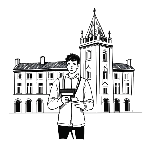 Line art drawing of a young man, representing Raj Patel, holding a diploma in front of an Oxford University building on a white background.