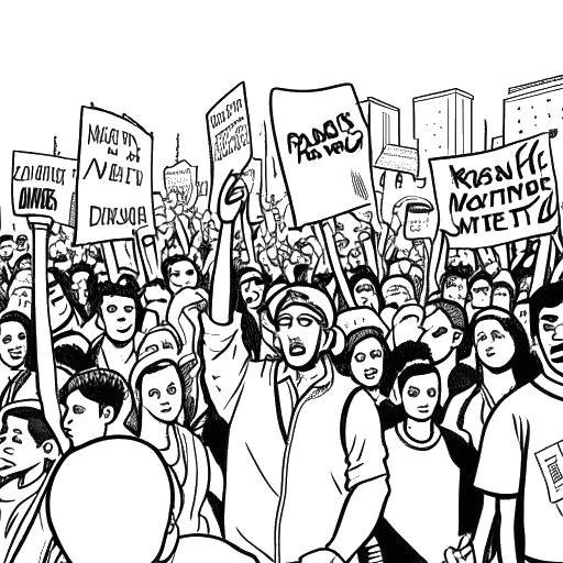 Desenho em arte linear de um homem, representando Raj Patel, segurando uma placa de protesto no meio de uma multidão de manifestantes em Seattle, em um fundo branco.