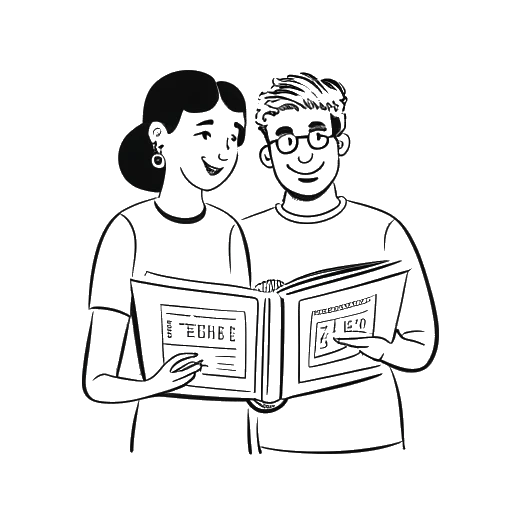 Line art drawing of two people, representing Raj Patel and his co-author, holding a book titled 'A History of the World in Seven Cheap Things' on a white background.