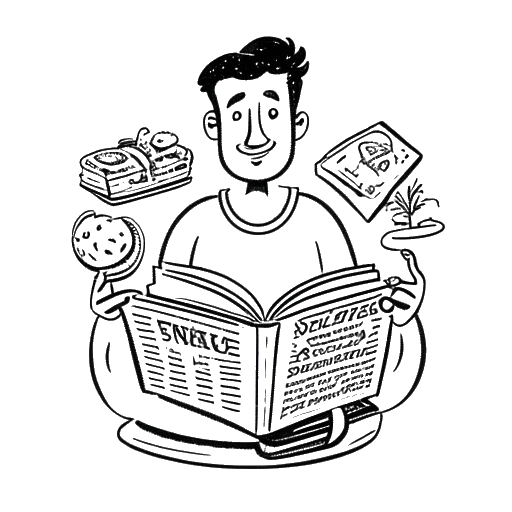Desenho em arte linear de um homem, representando Raj Patel, segurando um livro intitulado 'Stuffed and Starved' com símbolos de paradoxos alimentares ao fundo, em um fundo branco.