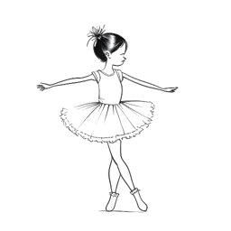 Disegno in stile line art di una ballerina bambina che rappresenta Zoe Saldana, con un'atmosfera di tristezza nella sua posizione da ballerina, su uno sfondo bianco.