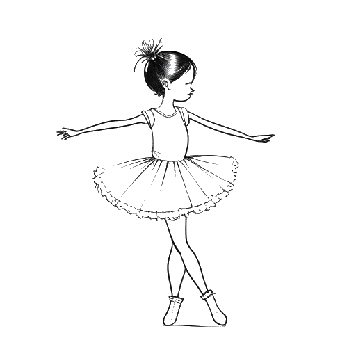 Lijntekening van een kind-ballerina die Zoe Saldana vertegenwoordigt, met een ondertoon van verdriet in haar danskunsten, tegen een witte achtergrond.