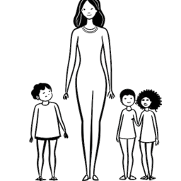 Line art drawing of a woman standing firm, representing Zoe Saldana, with the silhouettes of three children behind her, along with motifs of advocacy and storytelling indicative of her off-screen life, on a white backdrop.