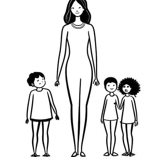 Line art drawing of a woman standing firm, representing Zoe Saldana, with the silhouettes of three children behind her, along with motifs of advocacy and storytelling indicative of her off-screen life, on a white backdrop.