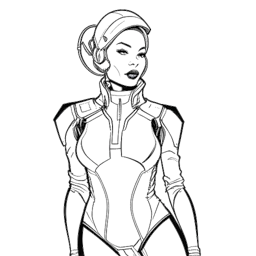 Line art drawing of a woman representing Zoe Saldana, dressed in a sci-fi costume exuding confidence and a sense of the future, on a white background.