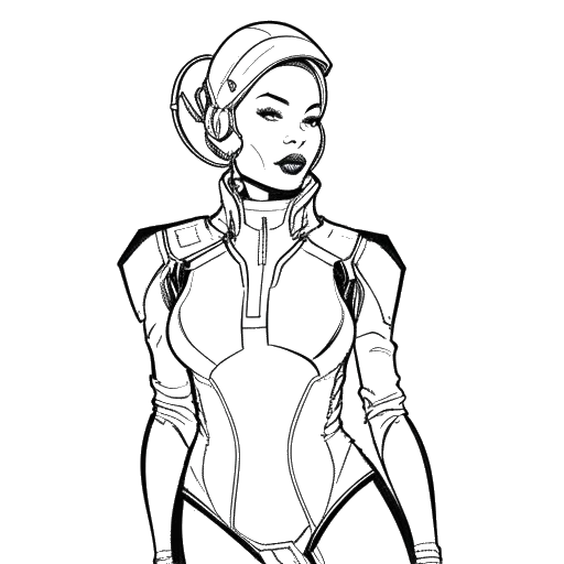 Lijntekening van een vrouw die Zoe Saldana vertegenwoordigt, gekleed in een sciencefiction-kostuum dat zelfvertrouwen en een gevoel van de toekomst uitstraalt, op een witte achtergrond.