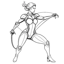 Disegno in stile line art di una supereroina femminile, che rappresenta Zoe Saldana nei panni di Gamora dell'Universo Cinematografico Marvel, con elementi futuristici che simboleggiano i suoi diversi ruoli di attrice, su uno sfondo bianco.