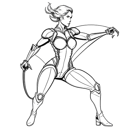 Desenho em arte linear de uma super-heroína, representando Zoe Saldana como Gamora do Universo Cinematográfico da Marvel, com elementos futuristas simbolizando seus diversos papéis de atuação, em um fundo branco.