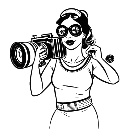One-line art of a woman, representing Zoe Saldana, in a dynamic superhero stance. Nearby objects like a camera, mask, and film reel illustrate her diverse roles as an actress and entrepreneur against a white backdrop.