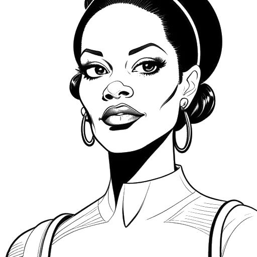 Line art drawing of a woman representing Zoe Saldana, wearing heavy makeup and a CGI costume with a thought bubble containing a family