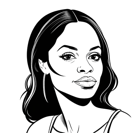 Disegno in bianco e nero di una donna che rappresenta Zoe Saldana, con un fumetto contenente parole in inglese e spagnolo