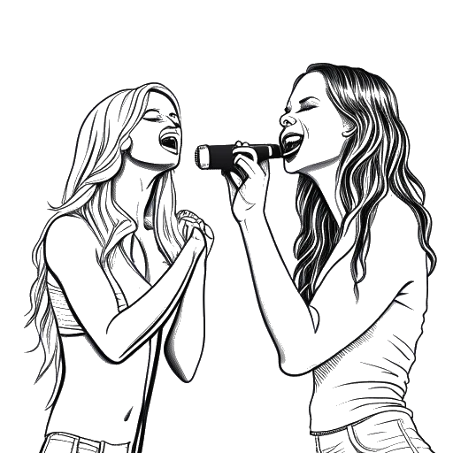 Line art drawing of two women representing Zoe Saldana and Britney Spears, singing together on a stage