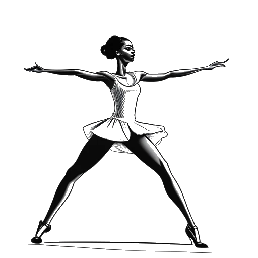 Lijntekening van een vrouw die Zoe Saldana vertegenwoordigt, ballet dansend op een podium met een filmklapbord op de achtergrond