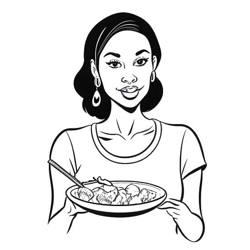 Lijntekening van een vrouw die Zoe Saldana vertegenwoordigt, met een bord eten en een denkwolk met een vinkje