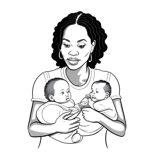 Line art drawing of a woman representing Zoe Saldana, holding three baby bottles with two babies in the background