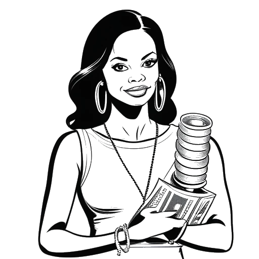 Disegno in bianco e nero di una donna che rappresenta Zoe Saldana, che tiene un rullo di pellicola e una pila di soldi