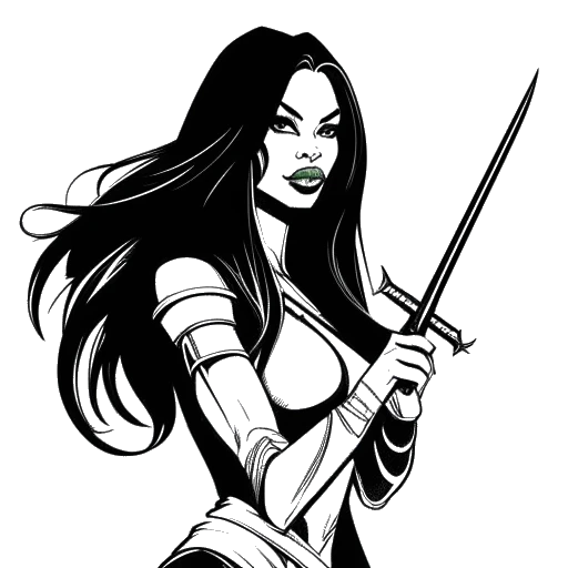 Line art drawing of a woman representing Zoe Saldana as Gamora, with green skin and long black hair, holding a sword