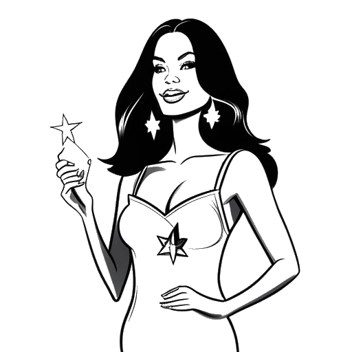 Disegno in bianco e nero di una donna che rappresenta Zoe Saldana, che tiene una stella con la Hollywood Walk of Fame sullo sfondo
