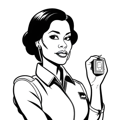 Line art drawing of a woman representing Zoe Saldana, holding a police badge with a thought bubble containing a film reel