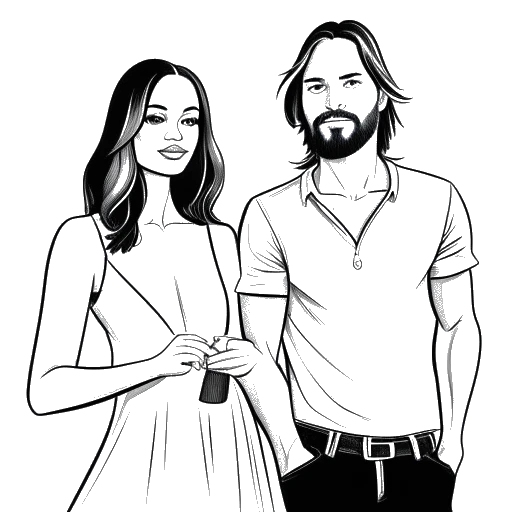 Disegno in bianco e nero di una donna e un uomo che rappresentano Zoe Saldana e Marco Perego, che si tengono per mano con pennelli e tele sullo sfondo