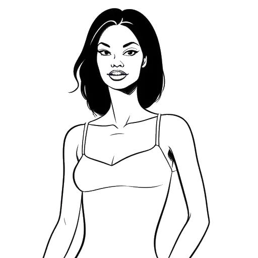 Lijntekening van een vrouw die Zoe Saldana vertegenwoordigt, die lingerie modelleert met een denkwolk met een Calvin Klein- en Avon-logo