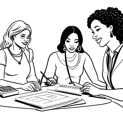 Desenho artístico de três mulheres representando Zoe Saldana e suas irmãs, trabalhando juntas em uma mesa com um balão de pensamento contendo um carretel de filme
