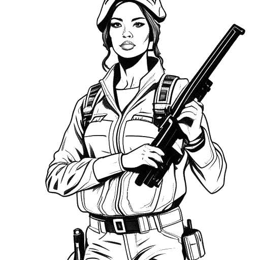 Disegno in bianco e nero di una donna che rappresenta Zoe Saldana in 'Special Ops: Lioness', indossando un abbigliamento militare e tenendo un'arma