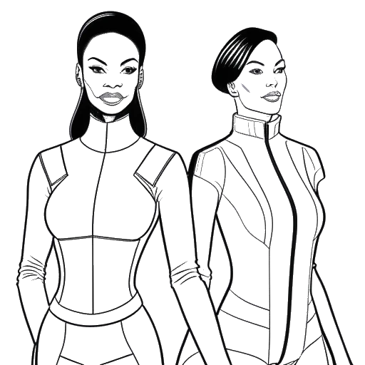 Line art drawing of two women representing Zoe Saldana, one in a Star Trek uniform and one in an Avatar costume