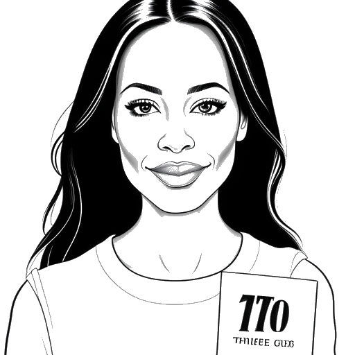Disegno in bianco e nero di una donna che rappresenta Zoe Saldana, che tiene un Time magazine con scritto '100 Persone più Influenti'