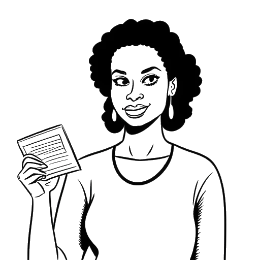 Line art drawing of a woman representing Zoe Saldana, holding a voter registration card with a thought bubble containing a checkmark