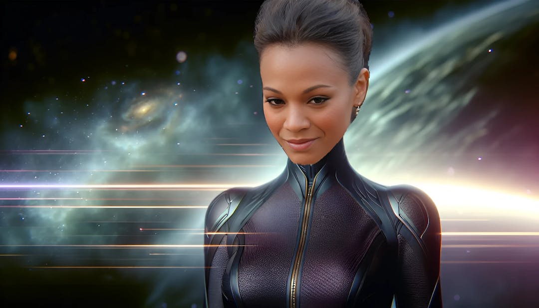 Zoé Saldana, représentée en tant qu'héroïne futuriste avec une tête chauve, vêtue d'une tenue de science-fiction devant un fond d'une galaxie abstraite et des commandes de vaisseau spatial.