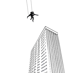 Lijntekening van een man, die Felix Baumgartner voorstelt, die van een hoog gebouw springt met een parachute, waarbij zijn recordbrekende BASE jumps worden getoond.