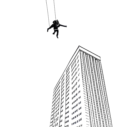 Desenho de linha de um homem, representando Felix Baumgartner, pulando de um prédio alto com um paraquedas, mostrando seus saltos BASE que quebraram recordes.