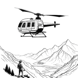 Line art drawing of a man, representing Felix Baumgartner, controlling a helicopter, showcasing his aspirations to become a rescue pilot for mountain rescues and firefighting efforts.