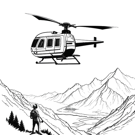 Line art drawing of a man, representing Felix Baumgartner, controlling a helicopter, showcasing his aspirations to become a rescue pilot for mountain rescues and firefighting efforts.