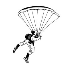 Lijntekening van een man, die Felix Baumgartner voorstelt, met een parachute die zijn skydiving vaardigheden demonstreert.