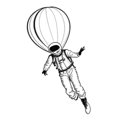 Desenho de linha de um homem, representando Felix Baumgartner, vestindo um traje pressurizado, pulando de um balão de hélio na estratosfera.