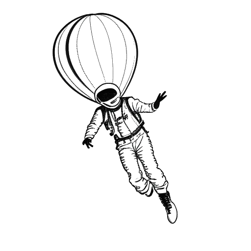 Strichzeichnung eines Mannes, der Felix Baumgartner darstellt, der einen druckgepanzerten Anzug trägt und von einem Heliumballon in der Stratosphäre springt.