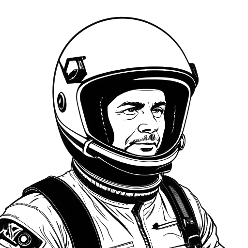 Line art drawing of a confident and daring man, representing Felix Baumgartner. He stands against a backdrop that seamlessly merges extreme sports like skydiving and base jumping, commercial helicopters, and race cars, showcasing his entrepreneurial pursuits.