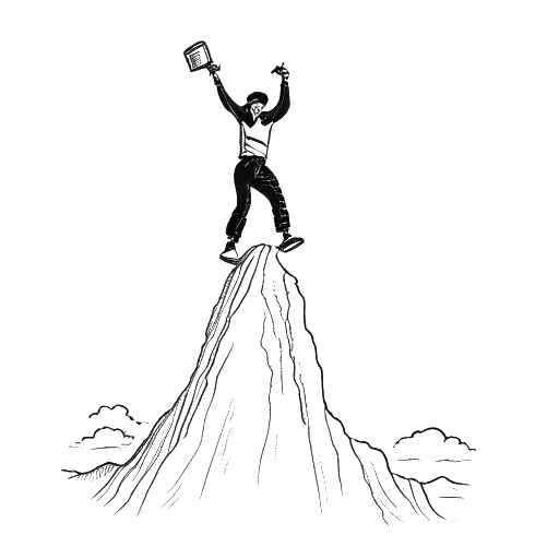 Dibujo de línea de un hombre representando a Felix Baumgartner, haciendo salto base desde un acantilado, sosteniendo un trofeo