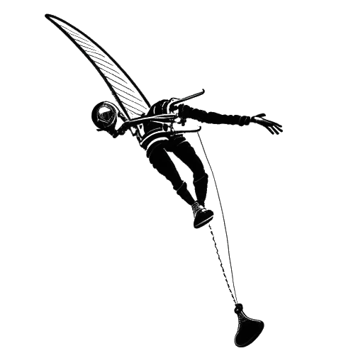 Line art drawing of a man representing Felix Baumgartner, skydiving with a carbon fibre wing over the English Channel