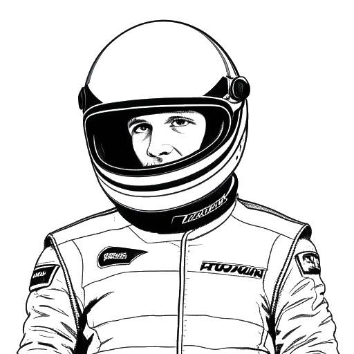Line art drawing of a man representing Felix Baumgartner, posing with a racing helmet in front of a race car