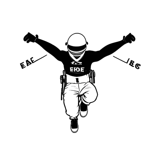 Line art drawing of a man representing Felix Baumgartner, fearlessly holding a parachute, with the text 'BASE 502 – Fearless Felix'