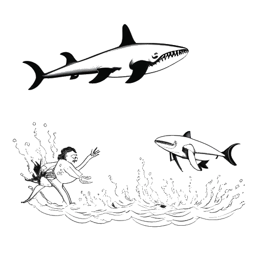 Line art drawing of a couple representing Felix Baumgartner and his girlfriend, swimming with sharks