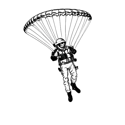 Disegno in arte lineare di un uomo che rappresenta Felix Baumgartner, in uniforme militare, che effettua un lancio con paracadute
