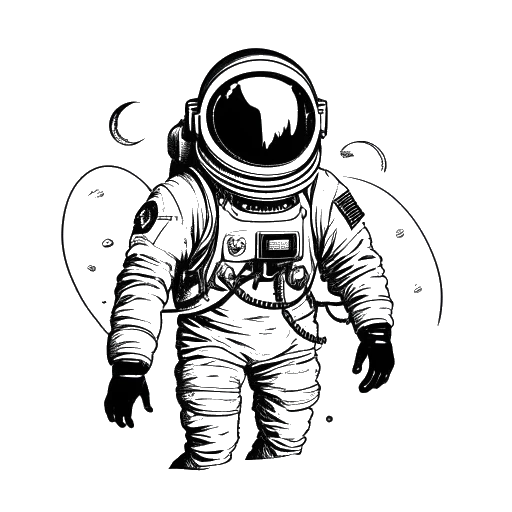 Lijntekening van een man die Felix Baumgartner vertegenwoordigt, in een ruimtepak, claustrofobie overwinnend om de sprong uit de stratosfeer te voltooien