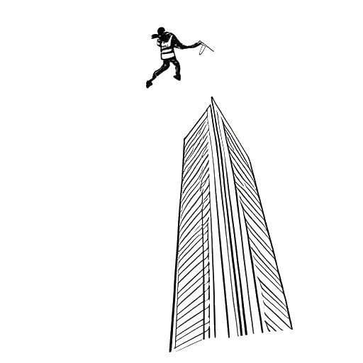 Line art drawing of a man representing Felix Baumgartner, parachuting from the Petronas Towers